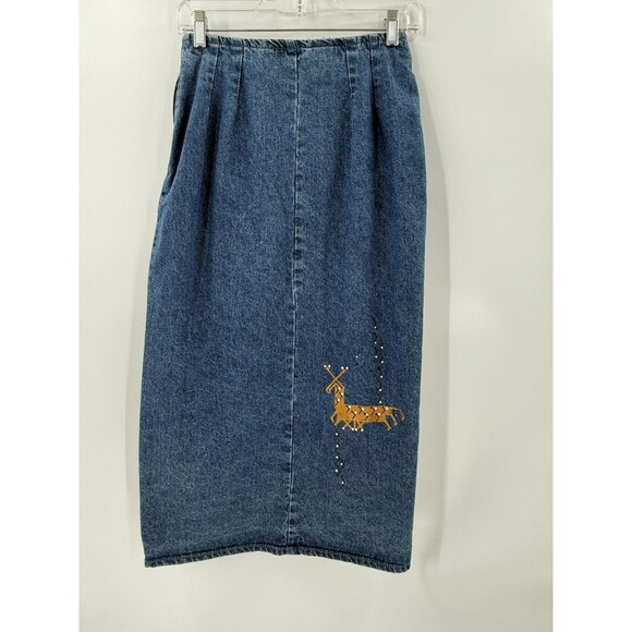 VINTAGE Denim Wrap Skirt Hand Painted by Nina Renee Constellations Stylized Deer - Picture 6 of 11